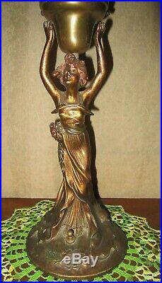 Art Deco Nouveau Lady Figural Lamp With Vintage Amber Glass Globe Light Shade