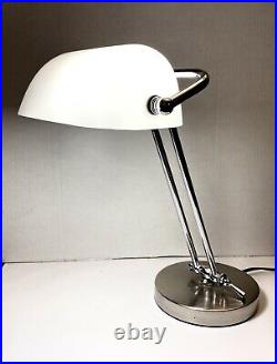 Art Deco Nouveau Style White Glass Shade Chrome Banker Table Lamp 15 Rare