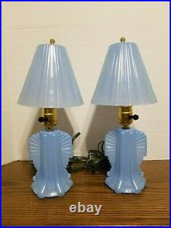 Art Deco PAIR Blue Frosted Glass Vintage Glass Lamp with Glass Shade