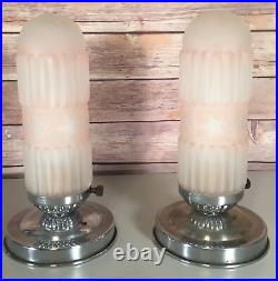 Art Deco Pair of Lamps Pink Shades Chrome Base Antique