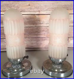 Art Deco Pair of Lamps Pink Shades Chrome Base Antique