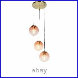 Art Deco Pendant Lamp Brass with 3 Dark Pink Shades
