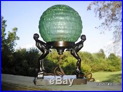 Art Deco Petite Ladies Woman Figural Lamp With Vintage Green Crackle Glass Globe