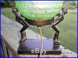 Art Deco Petite Ladies Woman Figural Lamp With Vintage Green Crackle Glass Globe