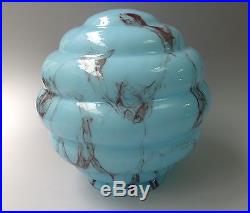Art Deco Ribbed Light Blue Black Slag Marbled Cased Glass Lamp Shade Globe