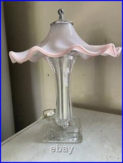 Art Deco Ruffled Art Glass lamp pink Ruffled Shade & Clear glass Base 17 Tall