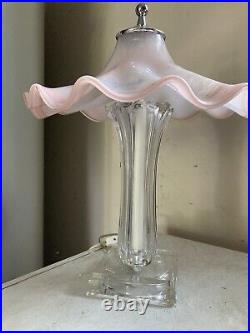 Art Deco Ruffled Art Glass lamp pink Ruffled Shade & Clear glass Base 17 Tall