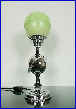 Art Deco Saturn Lamp Machine Age 1930s Chrome, Bakelite, Green Glass Shade