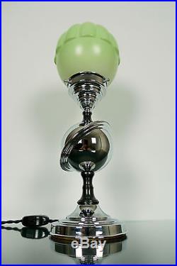 Art Deco Saturn Lamp Machine Age 1930s Chrome, Bakelite, Green Glass Shade