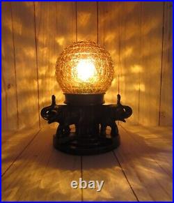 Art Deco Signed Nuart 3 Elephants Metal Lamp With Beehive Amber Glass Shade