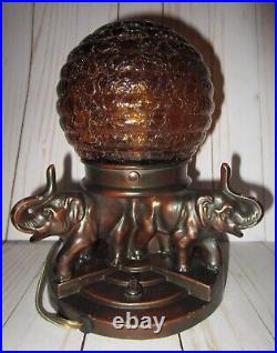 Art Deco Signed Nuart 3 Elephants Metal Lamp With Beehive Amber Glass Shade
