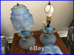 Art Deco Skyscraper Pattern Blue Glass Boudior Lamps Rare Pair