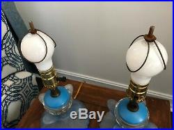 Art Deco Skyscraper Pattern Blue Glass Boudior Lamps Rare Pair