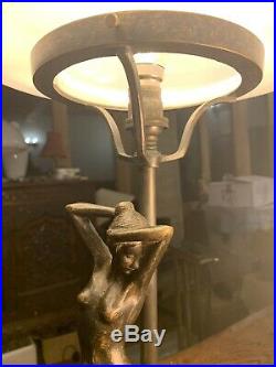 Art Deco Solid Bronze & Opaline Milk Glass Shade Table Lamp, Handmade Italian