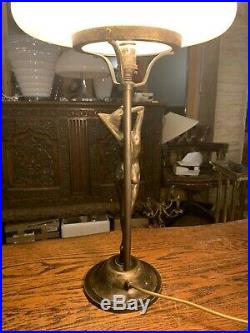 Art Deco Solid Bronze & Opaline Milk Glass Shade Table Lamp, Handmade Italian