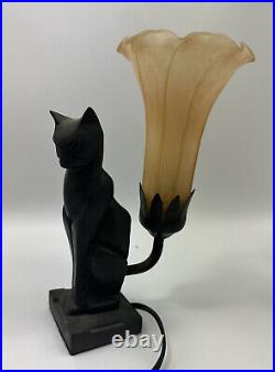 Art Deco Style Metal Cat Figurine Lamp Glass Shade 9Tall