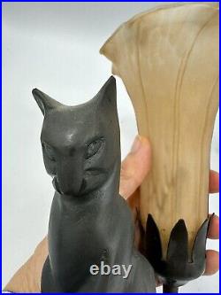 Art Deco Style Metal Cat Figurine Lamp Glass Shade 9Tall
