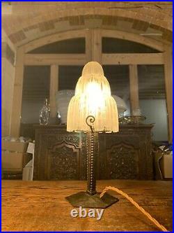 Art Deco Table Lamp By SABINO Waterfall Signed 1920s, Edgar Brandt Ironwork