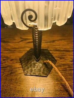 Art Deco Table Lamp By SABINO Waterfall Signed 1920s, Edgar Brandt Ironwork