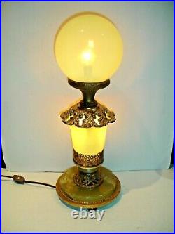 Art Deco Vaseline Glass Lamp With Green Onyx Base And Lighting In The Shade & Fo