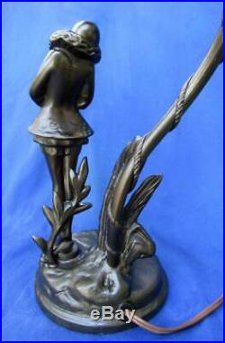Art Deco bronze poirot girl figural lamp Steuben aurene calcite Art Glass shade