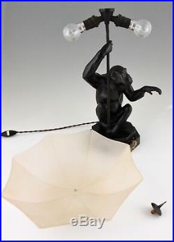 Art Deco table lamp seated monkey with umbrella Max Le Verrier France 1930