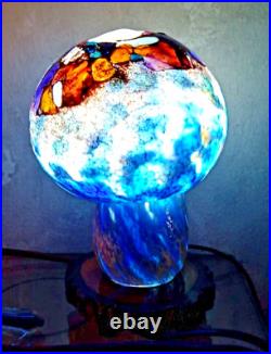Art Glass Hand-Made Mouth-Blown Mushroom Lamp Night Light on Wood Base