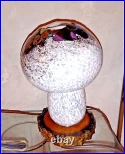 Art Glass Hand-Made Mouth-Blown Mushroom Lamp Night Light on Wood Base