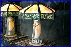 Art Nouveau Antique Lighted Base Slag Glass 8 Panel Table Lamp For Repairs