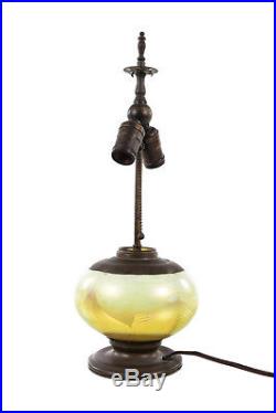 Art Nouveau Antique Painted Art Glass & Bronze Table Lamp -c1910s