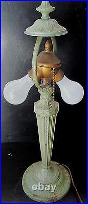 Art Nouveau Antique Slag Glass Lamp In Original Verdigris Paint Signed Ranard
