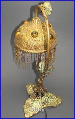 Art Nouveau Brass Bronze Serpent & Lily Pad Table Lamp with Glass Jeweled Shade