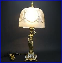 Art Nouveau Brass Plated Spelter Lady Semi-Nude Boudoir Frosted Glass Lamp