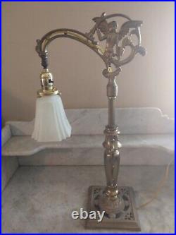Art Nouveau Bridge Arm Table Lamp Angel Smoke Off White Fluted Glass Shade