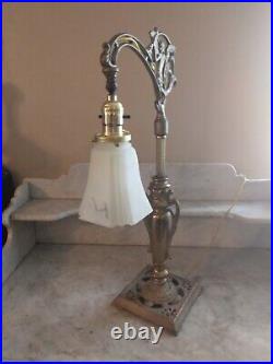 Art Nouveau Bridge Arm Table Lamp Angel Smoke Off White Fluted Glass Shade