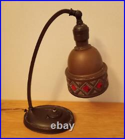 Art Nouveau Bronze Desk Lamp Jeweled Shade Austria Arts & Crafts
