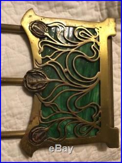 Art Nouveau Bronze & Green Slag Glass Sliding Bookends Rack Apollo/Tiffany RARE
