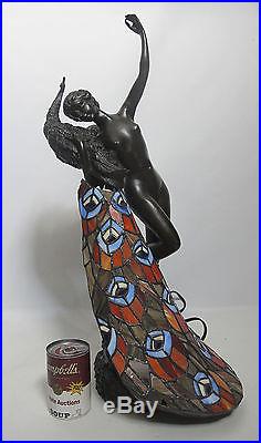 Art Nouveau Bronze Stained Glass Lighted Peacock Nude Sculpture Lamp Wolfers yqz