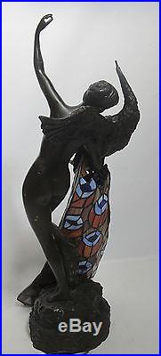 Art Nouveau Bronze Stained Glass Lighted Peacock Nude Sculpture Lamp Wolfers yqz