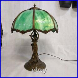Art Nouveau Cast Bronzed Table Lamp Woman Figural Green Slag Glass Shade