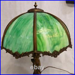 Art Nouveau Cast Bronzed Table Lamp Woman Figural Green Slag Glass Shade