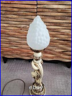 Art Nouveau Cherub Putti Table Lamp Frosted Glass Grape Shade Antique Gold