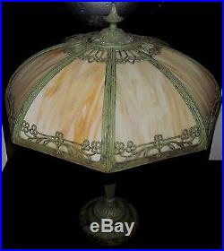 Art Nouveau Curved Slag Glass Lamp In Original Verdigris Paint Signed Rainaud