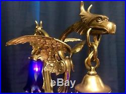 Art Nouveau Deco Brass Double Dragon Griffin Head Lamp Blue Favrile Glass Shades
