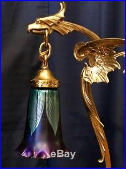 Art Nouveau Deco Brass Double Dragon Griffin Head Lamp Blue Favrile Glass Shades