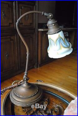Art Nouveau, Deco Pulled Feather Iridescent Quezal, Stueben Glass Piano/Desk Lamp