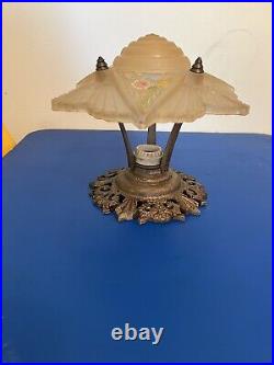 Art Nouveau Floral Painted Frosted Glass Lampshade With Original Base