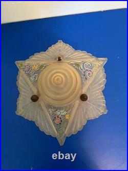 Art Nouveau Floral Painted Frosted Glass Lampshade With Original Base