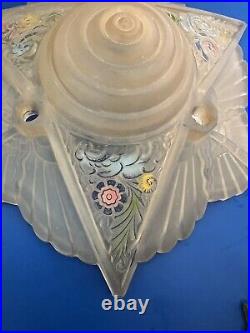 Art Nouveau Floral Painted Frosted Glass Lampshade With Original Base