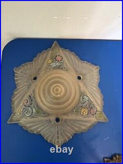 Art Nouveau Floral Painted Frosted Glass Lampshade With Original Base